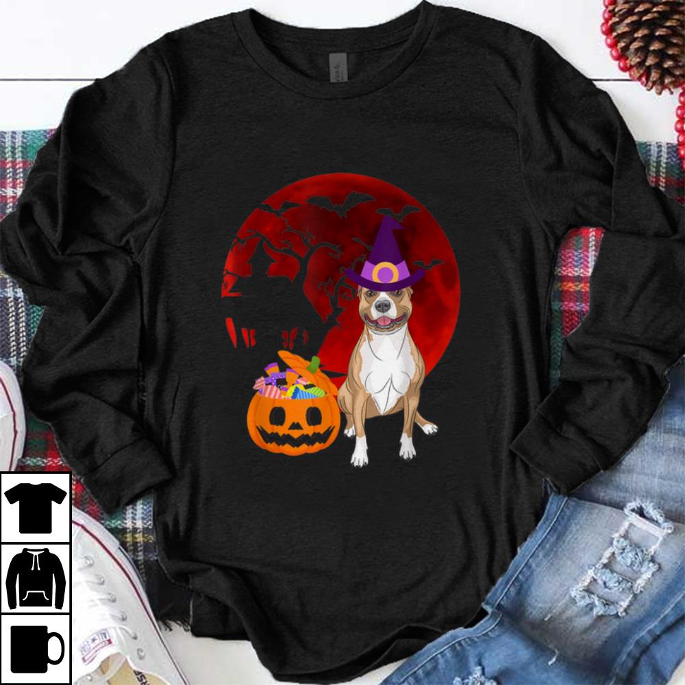 Top Pitbull Brown Dog with witch hat Candy Pumpkin Halloween shirt