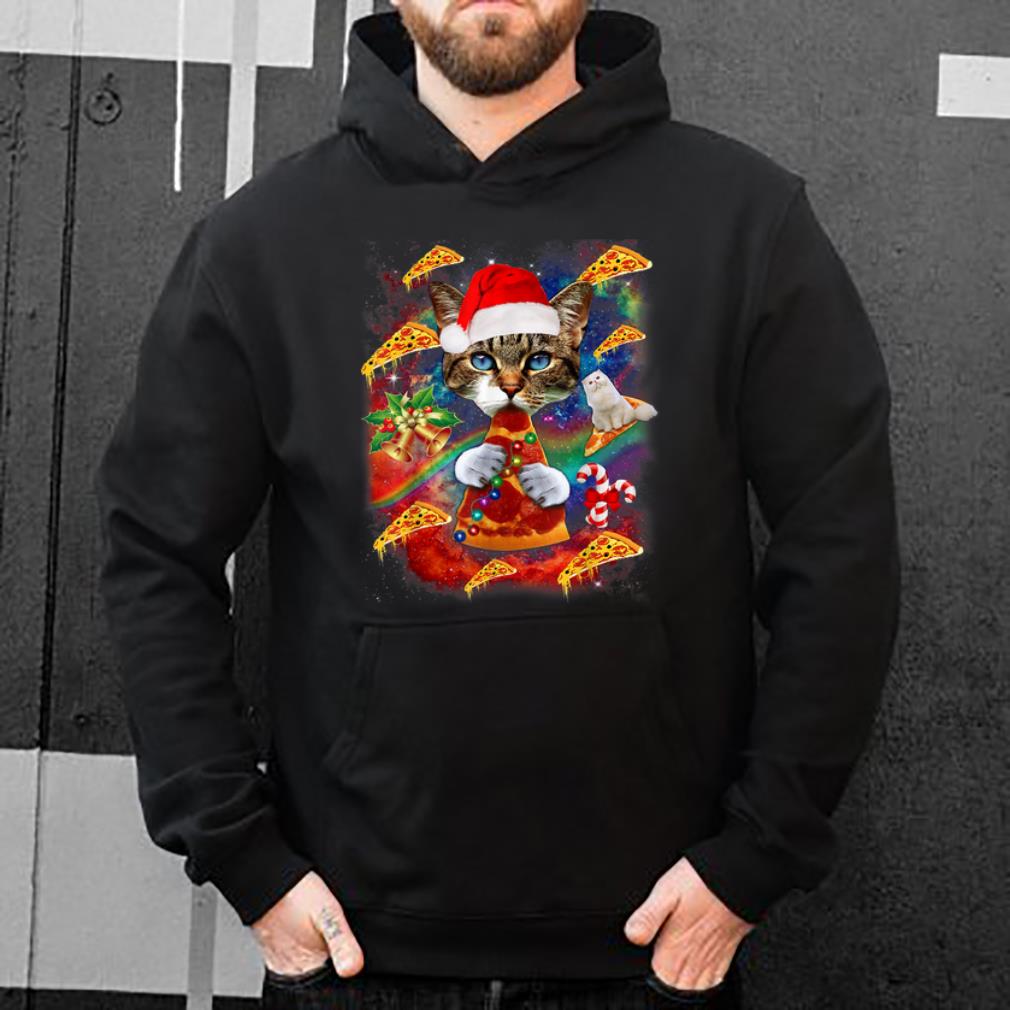Top Santa Cat Riding Pizza Christmas Galaxy Gift Cat Lover shirt