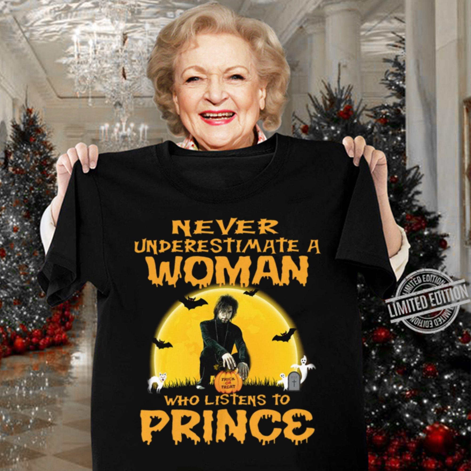 Premium Halloween Never underestimate a woman trick or treat who listens to Prince shirt 10 Halloween Never underestimate a woman trick or treat who listens to Prince shirt